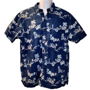 Kahala Mens Aloha Shirt Blue Tropical Scenic Cotton Made in Hawaii L 3120R KF16